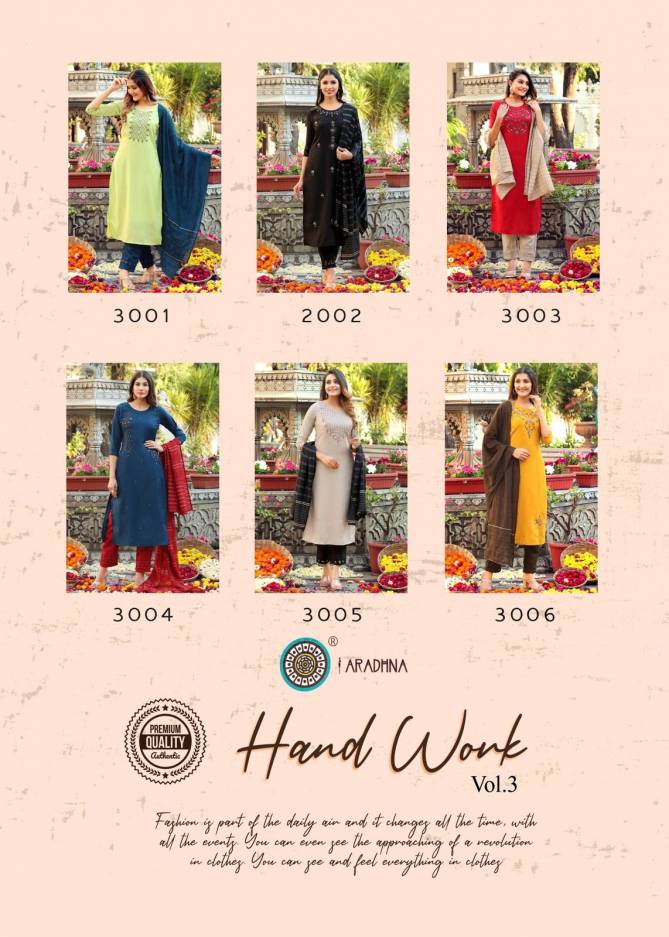 Aradhna Hand Work 3 Heavy Stylish Party Wear Kurti With Pant And Dupatta Readymade Collection